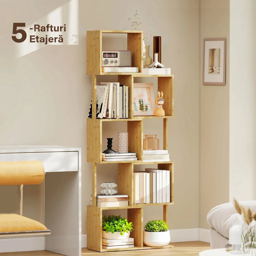 HOMCOM Librărie modernă și asimetrică cu 5 niveluri din bambus, 62.5 x 23 x 165 cm, lemn | Aosom Romania