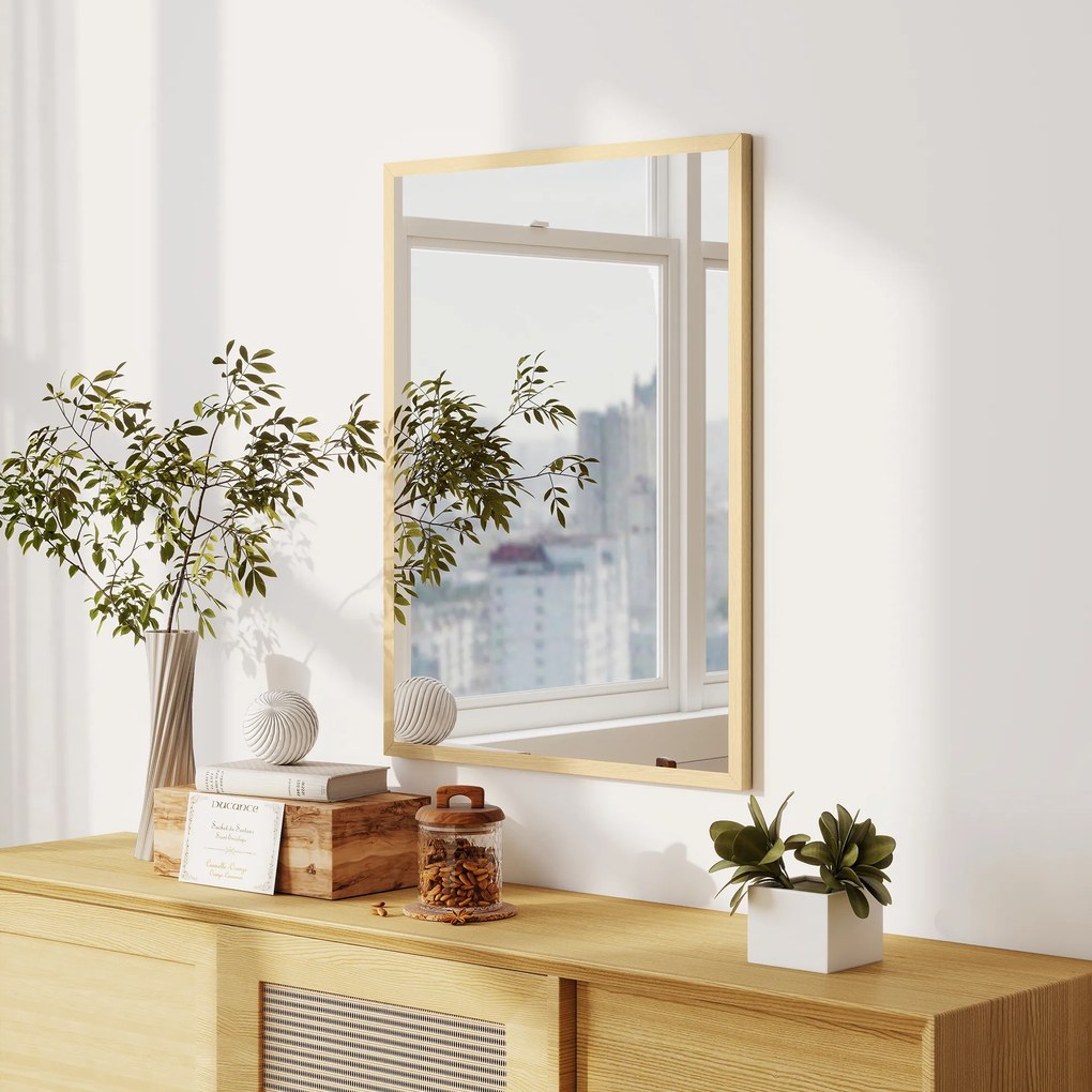 HOMCOM Oglindă de perete dreptunghiulară 80 x 60 cm, ramă din lemn natural, ideală pentru baie, living sau dormitor | Aosom Romania