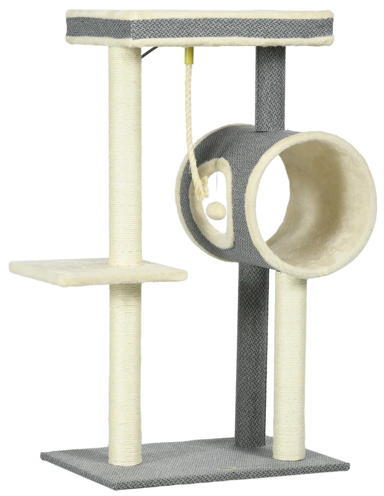 PawHut Copac zgâriat Katzenbaum, 1 cuib pentru pisici, 2 zone de odihnă, 60 cm x 40 cm x 104 cm, Gri + Natural | Aosom Romania