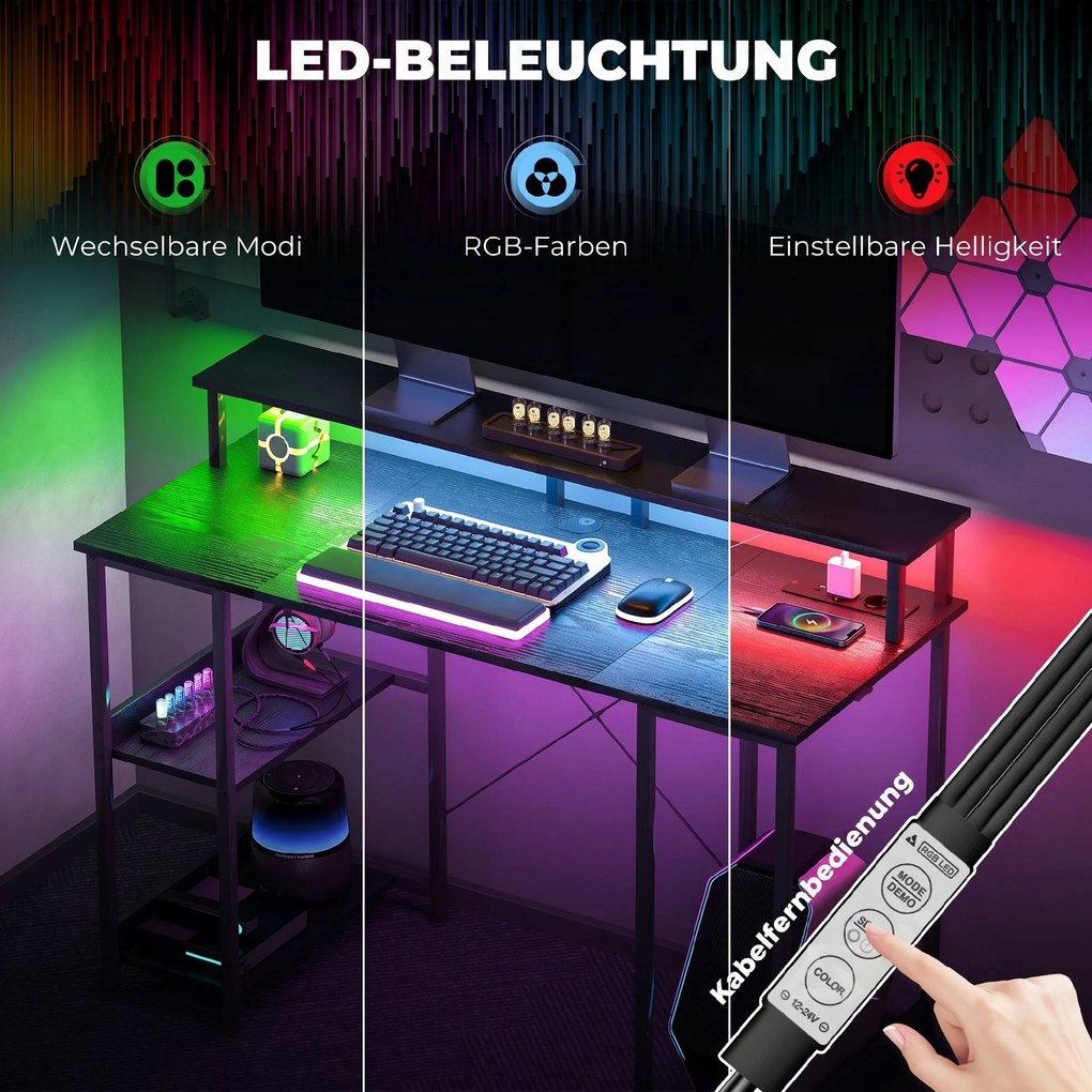 HOMCOM Birou Reversibil pentru Calculator cu Prize, Lumini LED, Suport Dublu și Rafturi Reglabile, 120x50x89,5 cm, Negru | Aosom Romania