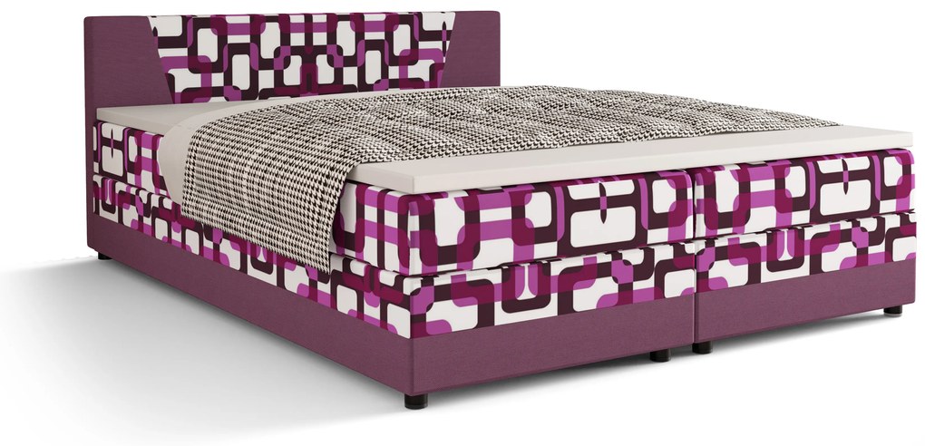 Pat matrimonial Boxspring 140 cm Linda Comfort (Motiv + violet) (cu saltea și sp. depozitare). 1056049