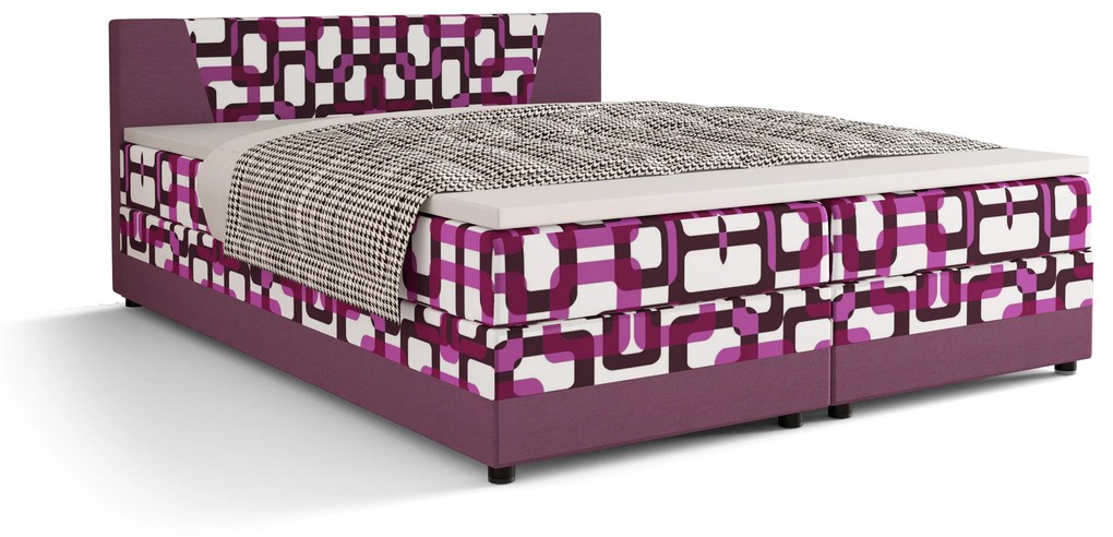 Pat matrimonial Boxspring 140 cm Linda (motiv + violet) (cu saltea și sp. depozitare). 1046623