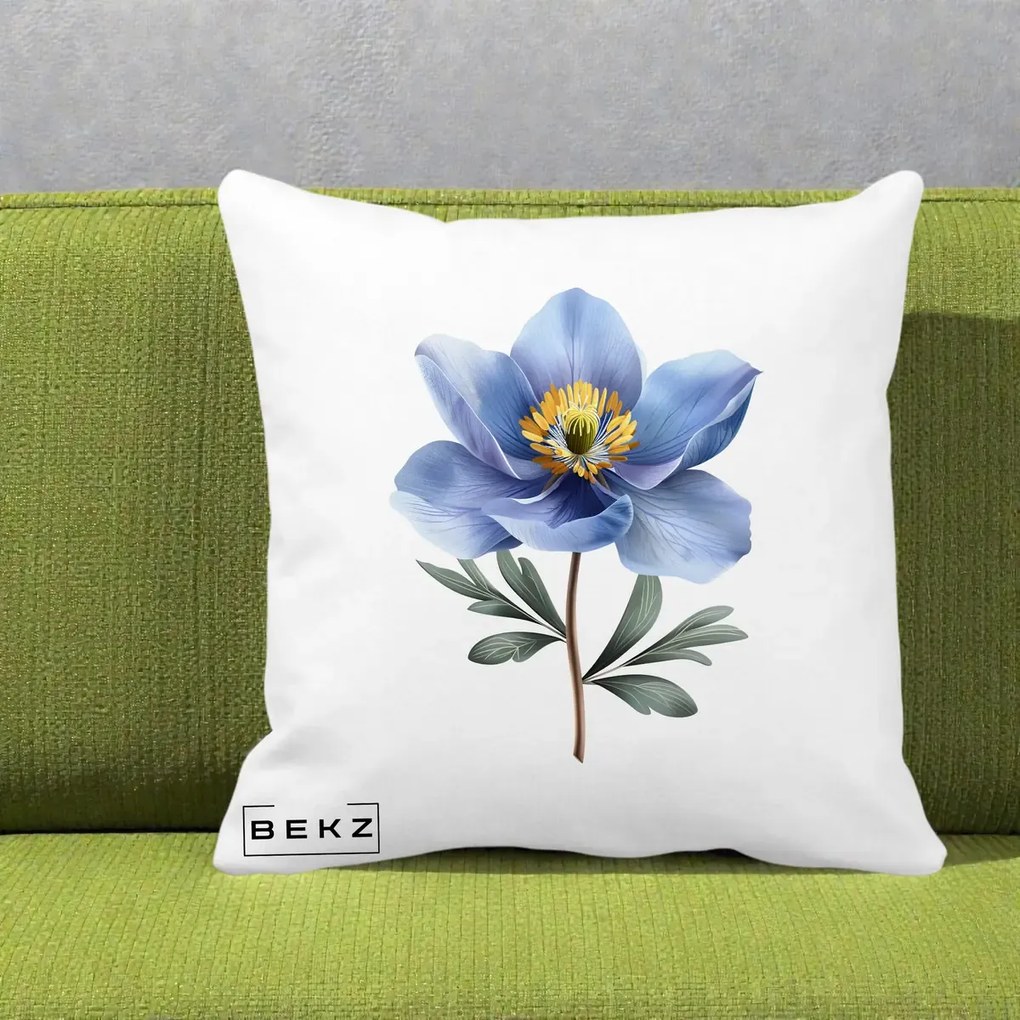 Perna Decorativa Anemona Albastra Botanica, 40x40 cm, Alba Mata, Husa Detasabila, Perna Inclusa, BEKZ®