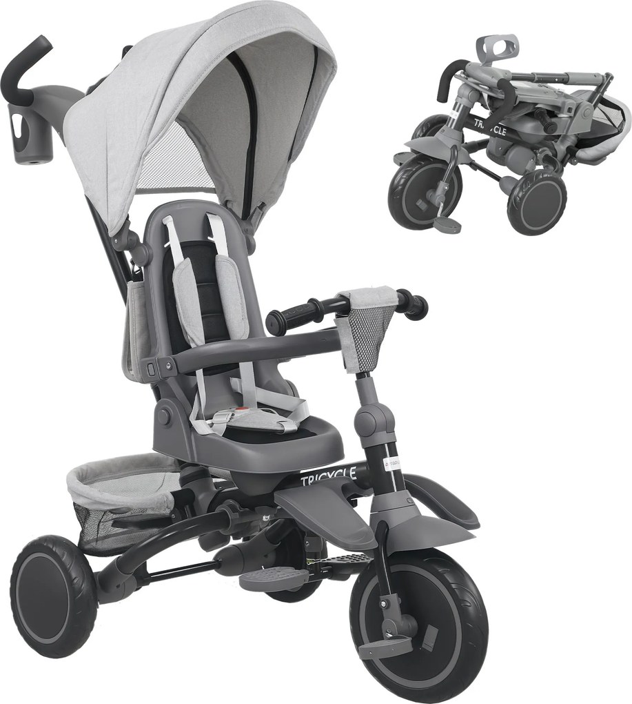 AIYAPLAY Tricicletă Copii 6 în 1, Cărucior și Bicicletă, 1-5 Ani, Max. 25 kg, Pliabilă cu Scaun Rotativ, Copertină, Gri | Aosom Romania