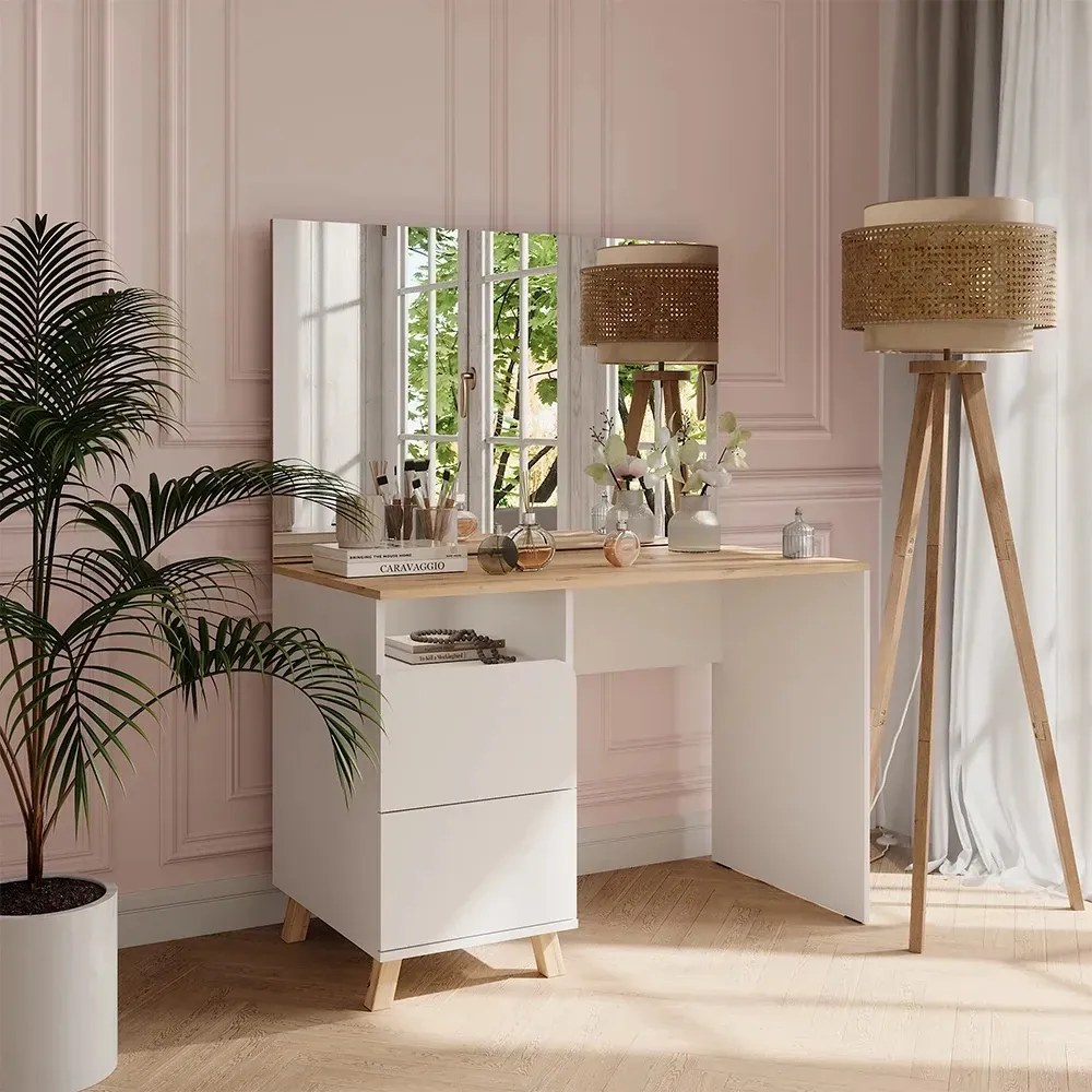 Masuta machiaj cu Oglinda LED si 2 Sertare pentru Cosmetice, Set Masa toaleta 110 cm, Alb, masuta cosmetica, vanity - SEA913