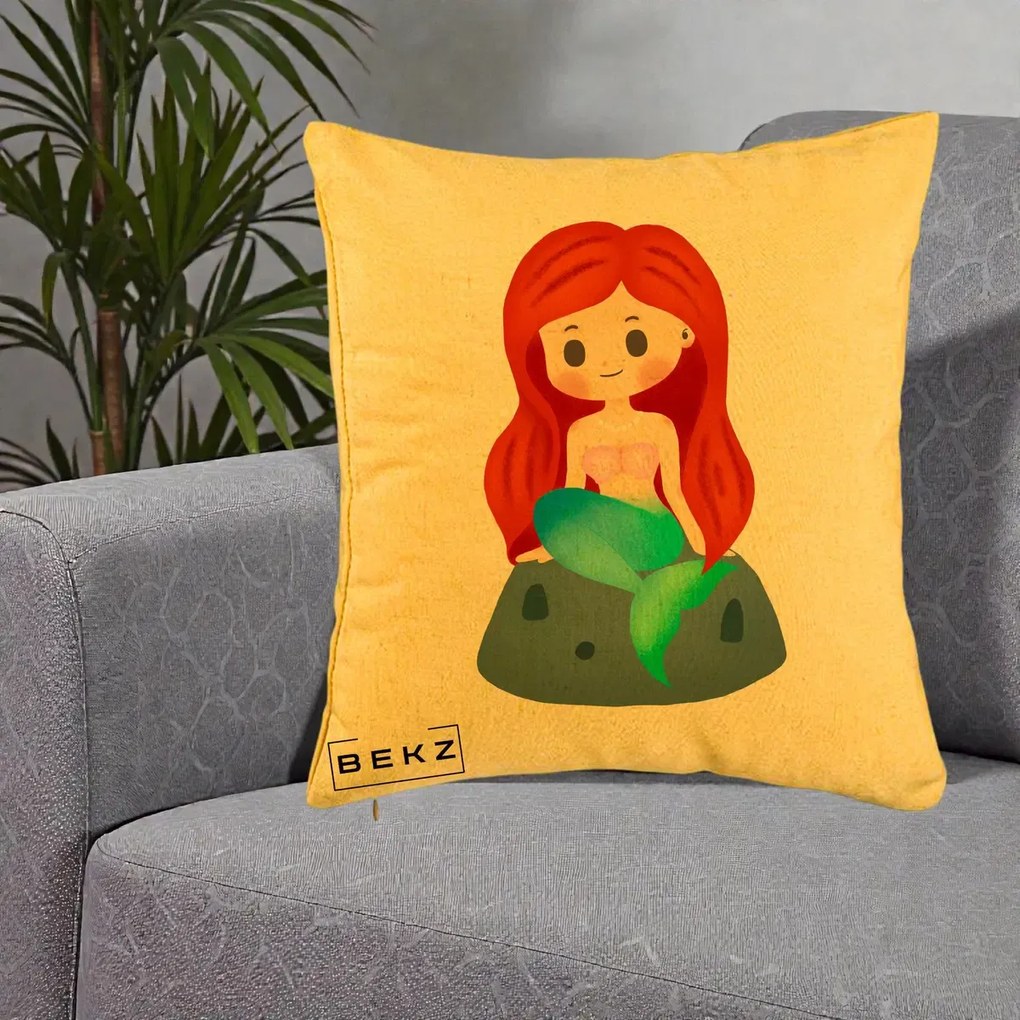 Perna Personalizata Sirena Kawaii Roscat, 40x40 cm, Galben, Husa Detasabila, Perna Inclusa, BEKZ®