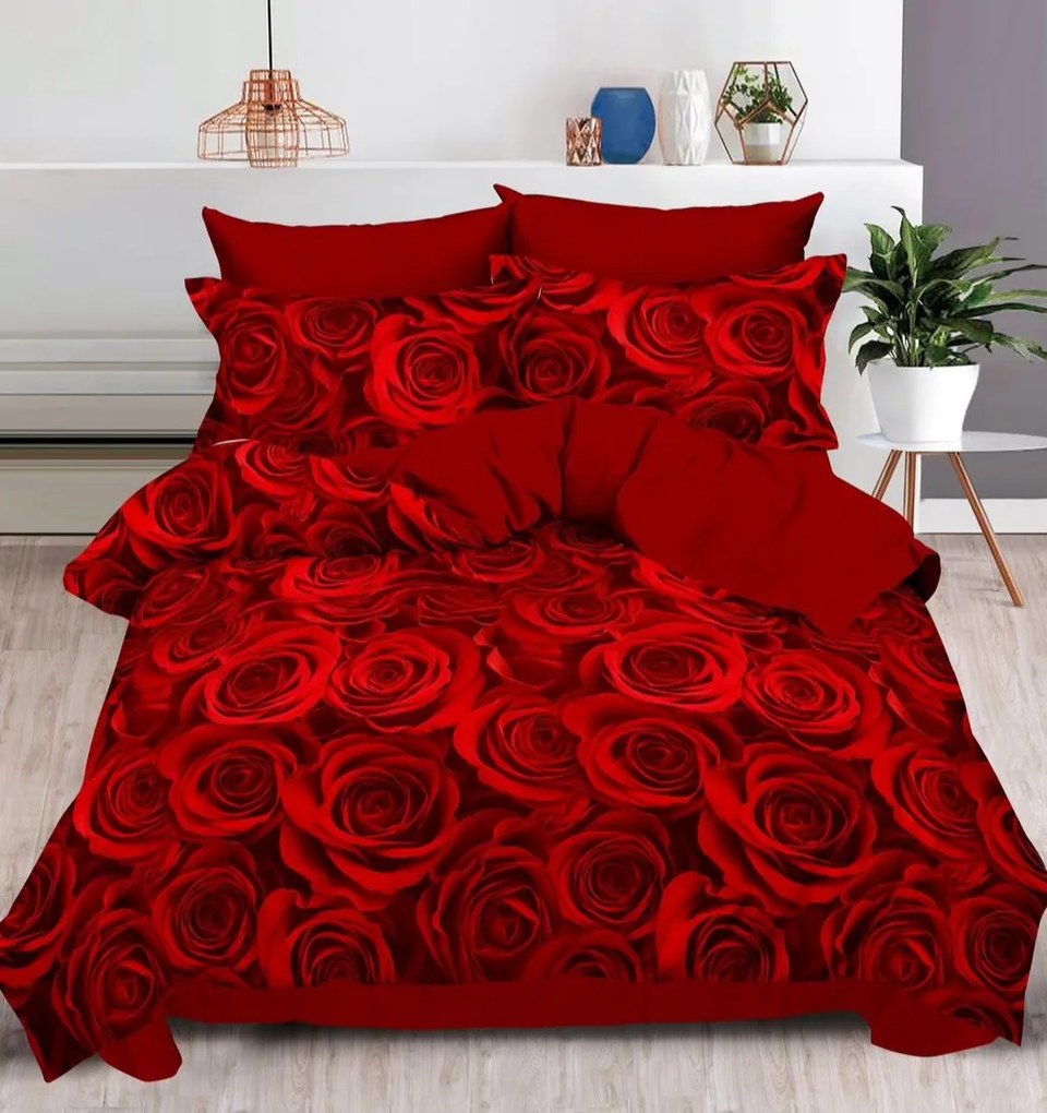 Lenjerie Din Bumbac Tip Finet 6 Piese Pentru Pat Dublu - Red Roses