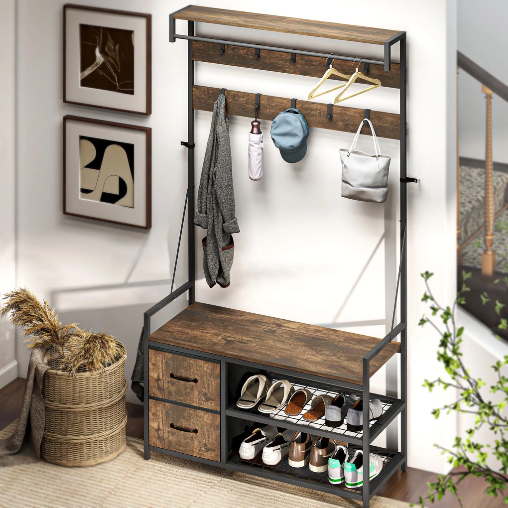 HOMCOM Suport pentru haine 6-în-1 cu raft pentru pantofi, stil industrial, 10 cârlige, 2 sertare textile, metal, maro | Aosom Romania