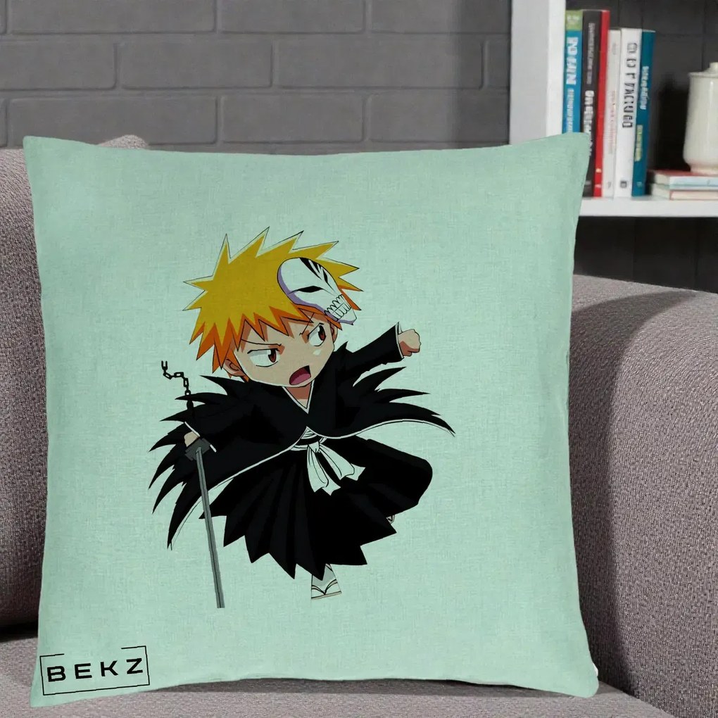 Perna Personalizata Bleach Ichigo Chibi cu Masca, 40x40 cm, Verde Menta, Husa Detasabila, Perna Inclusa, BEKZ®