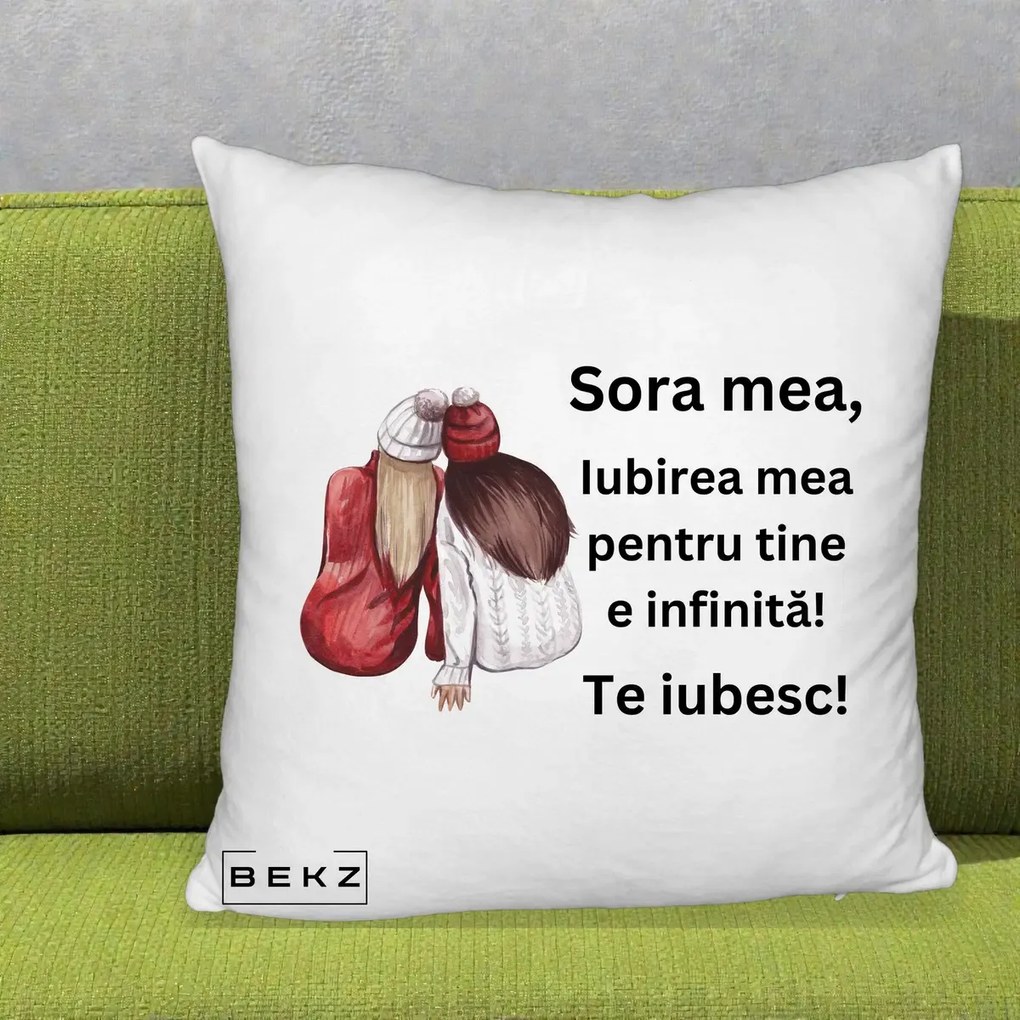 Cadou pentru Sora - Perna Personalizata Sora Mea Te Iubesc Doua Fete Iarna Acuarela, 40x40 cm, Alb Pufos, Husa Detasabila, Perna Inclusa, BEKZ®