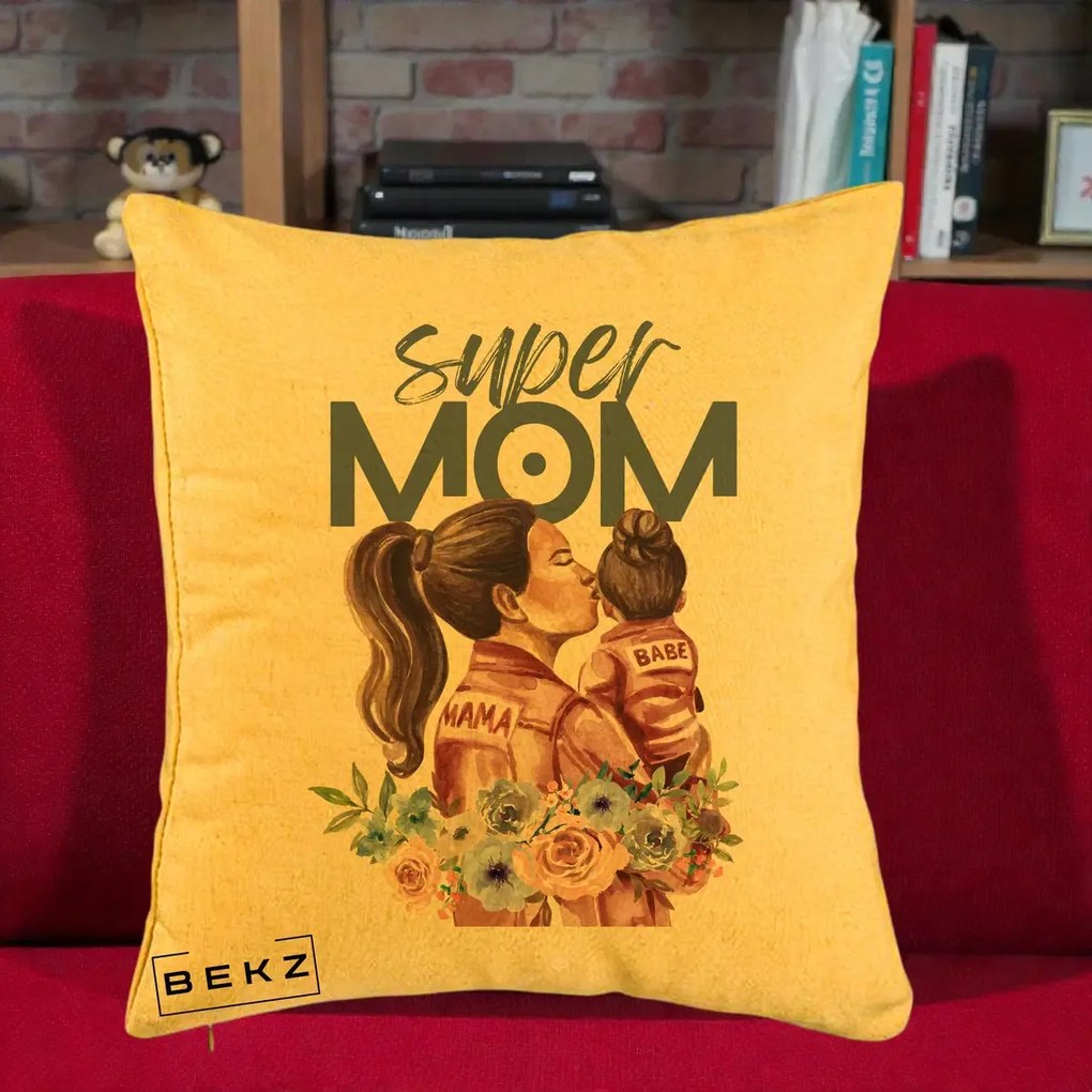 Cadou pentru Mama - Perna Personalizata Super Mom Mama cu Bebelusul, 40x40 cm, Galben, Husa Detasabila, Perna Inclusa, BEKZ®