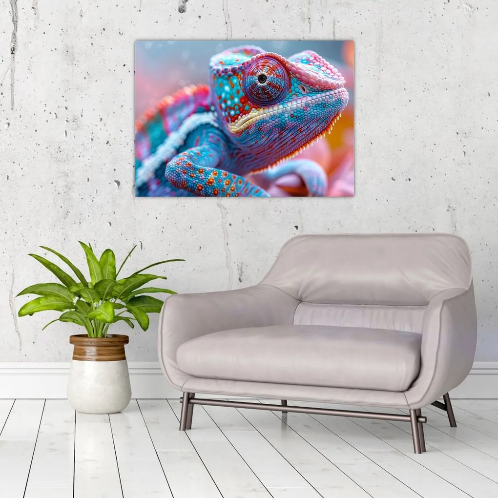 Tablou pe sticlă - Cameleon colorat (70x50 cm)