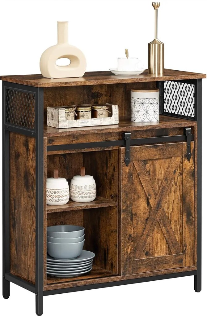 Bufet cu usa glisanta, Vasagle, 70x30x80 cm, PAL/otel, maro rustic