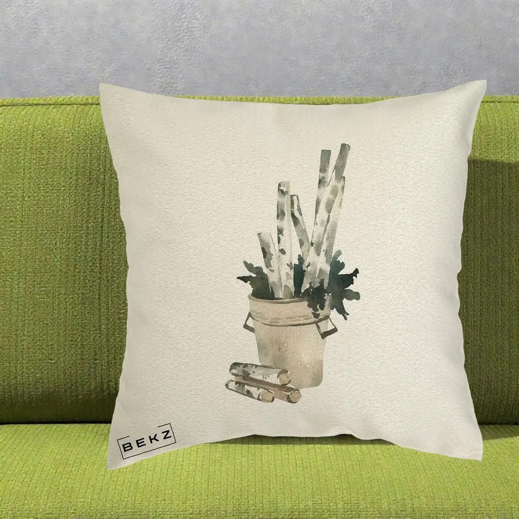 Perna Decorativa Butuci de Mesteacan Watercolor, 40x40 cm, Ecru, Husa Detasabila, Perna Inclusa, BEKZ®