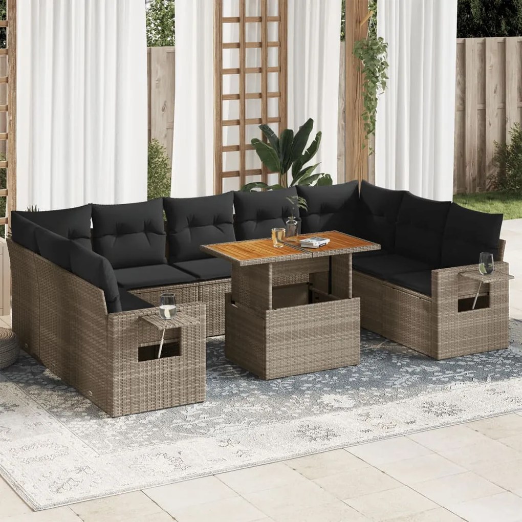 3327196 vidaXL Set mobilier de grădină cu perne, 10 piese, gri, poliratan