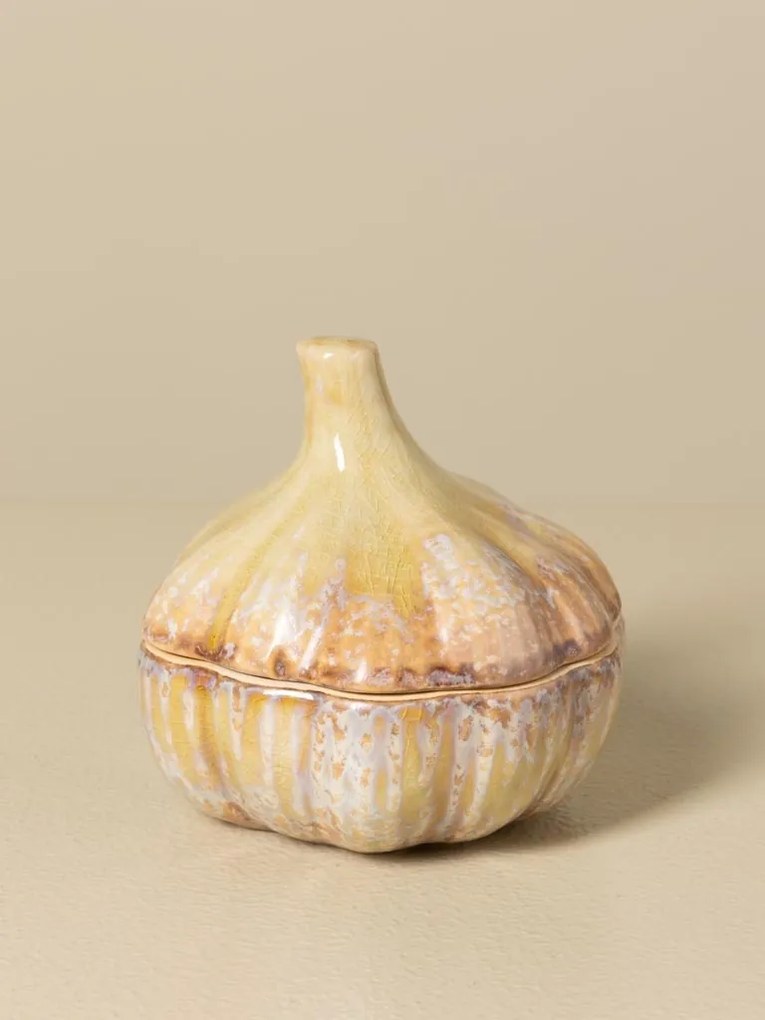 Recipient din ceramică artizanală natur cu capac, formă de usturoi, 10,5 × 10 cm, „Garlic"