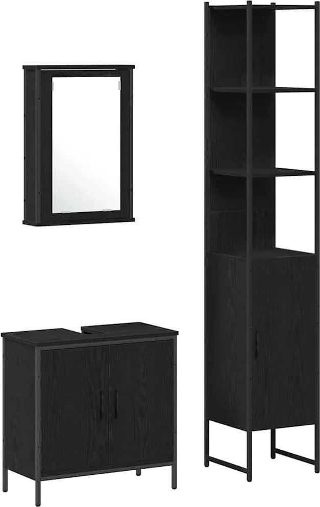 vidaXL Set de mobilier pentru baie cu raft 3 pcs Negru Lemn compozit