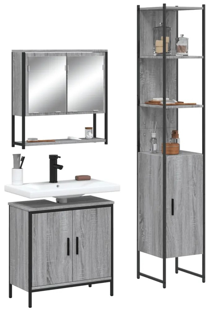 vidaXL Set mobilier de baie, 3 piese, gri sonoma, lemn prelucrat