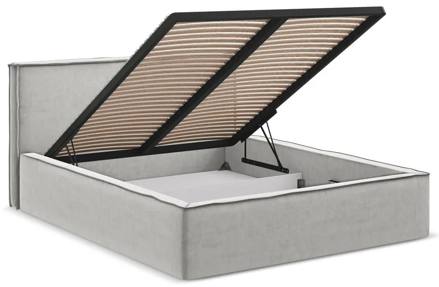 Pat matrimonial gri deschis tapițat cu spațiu de depozitare cu somieră 180x200 cm Anani – Makamii