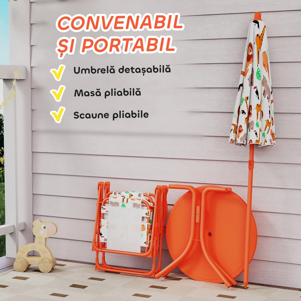 AIYAPLAY Set de Grădină pentru Copii, Masă și Scaune cu Umbrelă, Masă de Picnic pentru Exterior cu 2 Scaune Pliabile pentru Copii de 2-5 Ani, Portocaliu | Aosom Romania