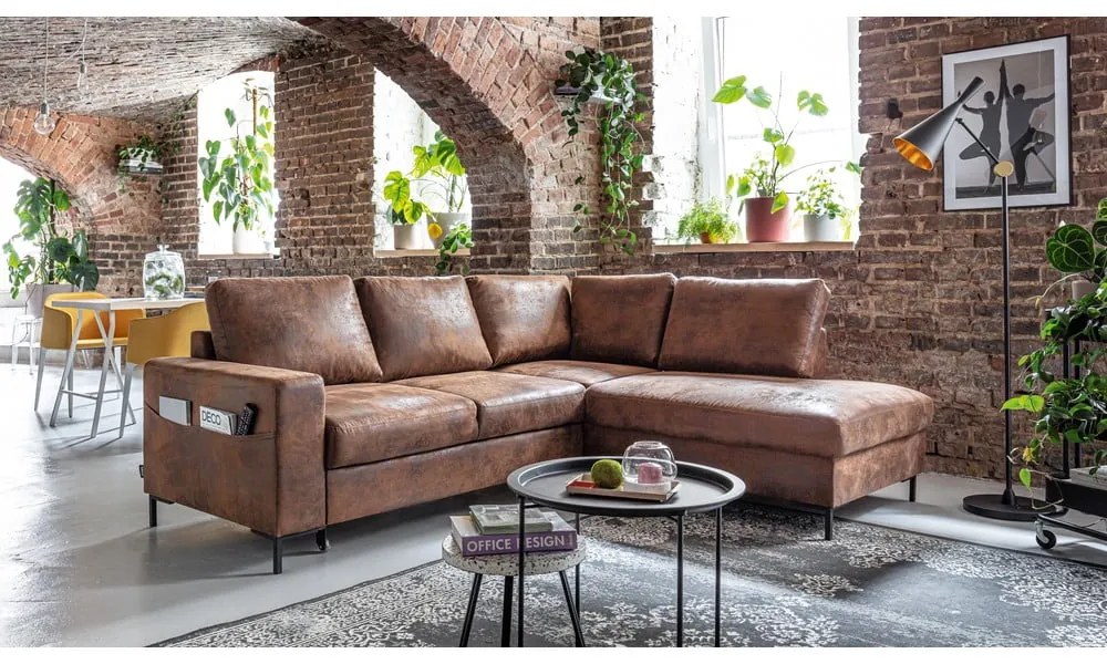 Colțar maro extensibil cu tapițerie din imitație de piele (cu colț pe partea dreaptă) Lofty Lilly – Miuform