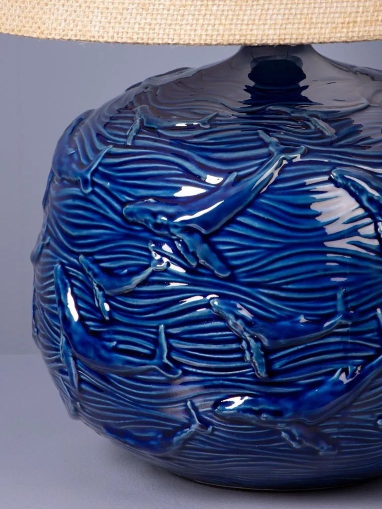 Lampă de masă din iută naturală, cu structură din ceramică albastră, finisaj lucios, 70×50 cm, „Azula"