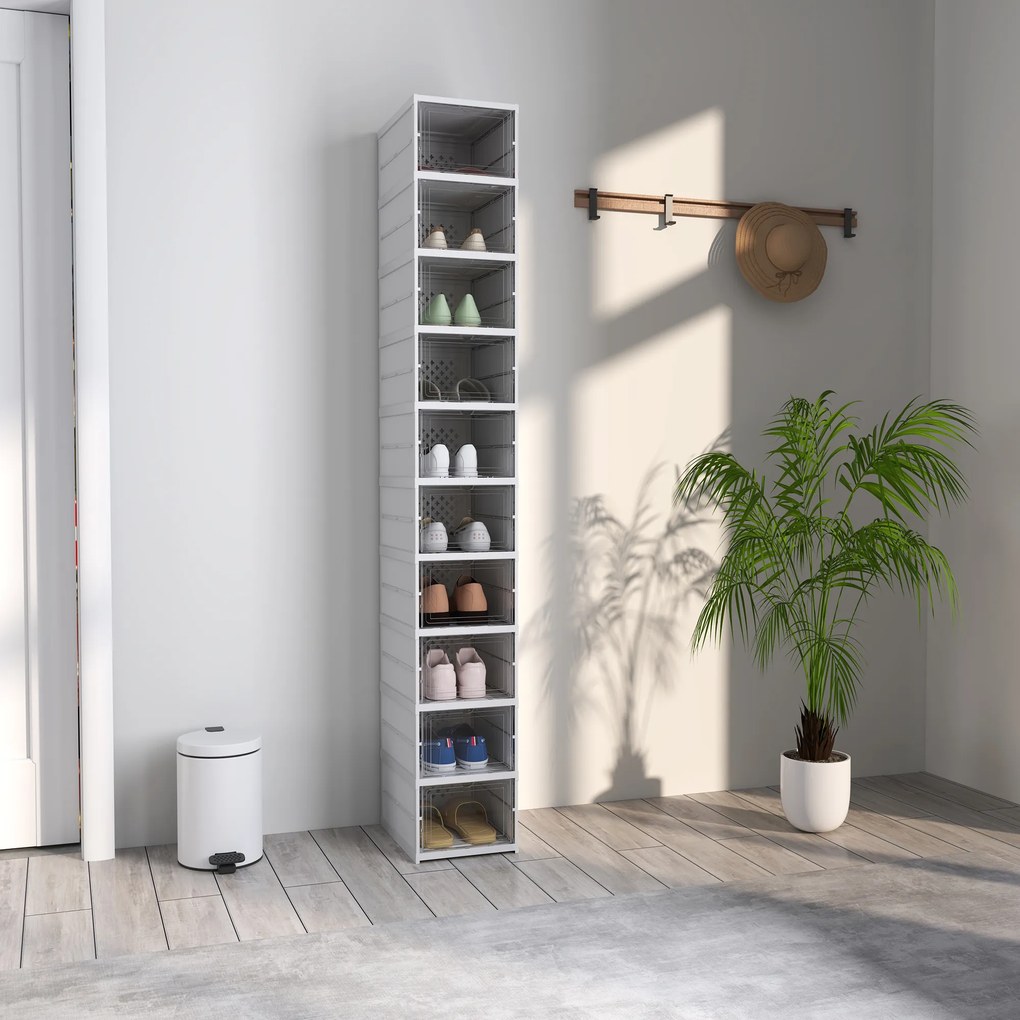 HOMCOM Pantofar Pliabil Slim, Modular, cu 10 Cutii pentru Pantofi, Economisire Spațiu, Fără Montaj, Alb | Aosom Romania
