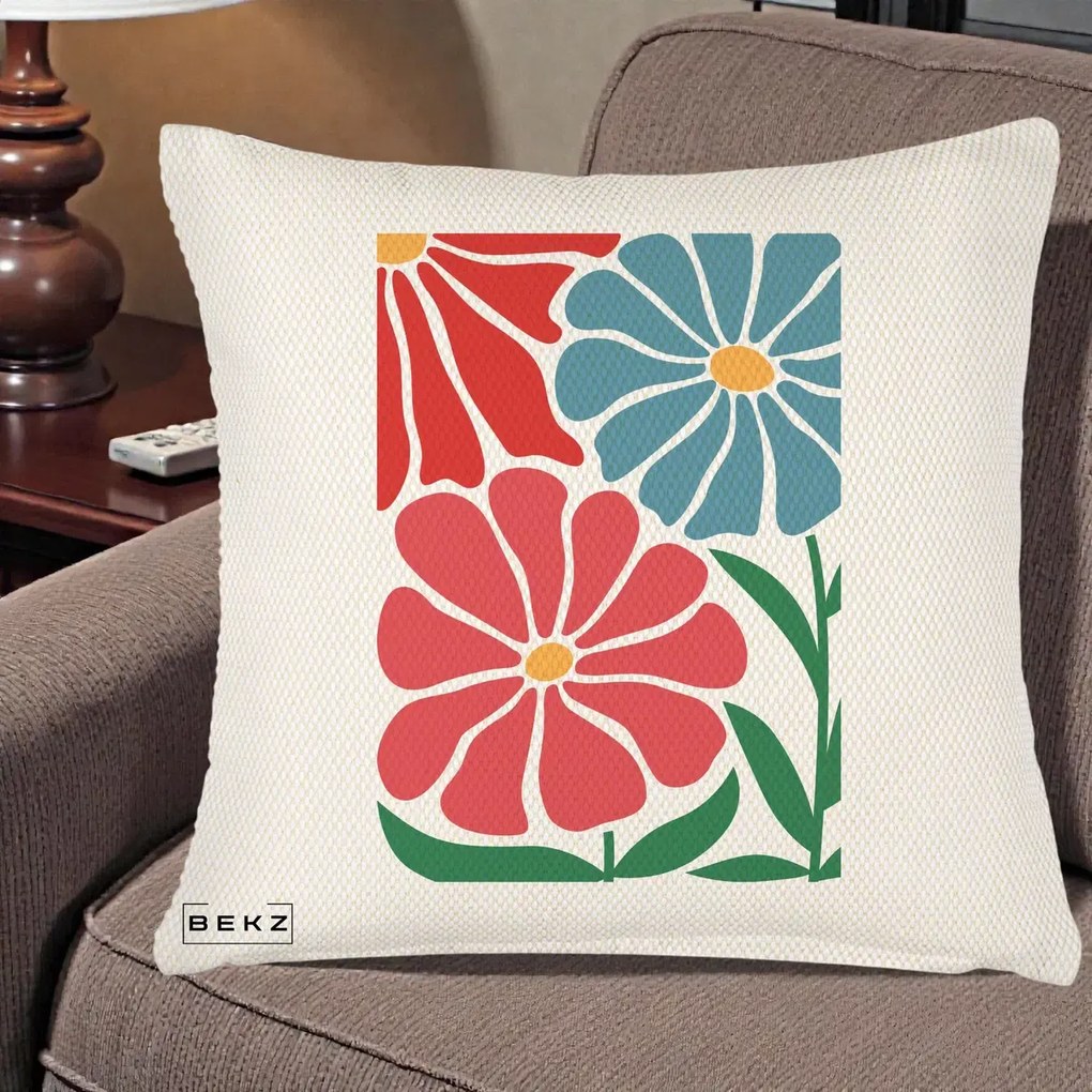 Perna Decorativa Flori Grafice Rosu-Albastru, 40x40 cm, Crem Reliefat, Husa Detasabila, Perna Inclusa, BEKZ®