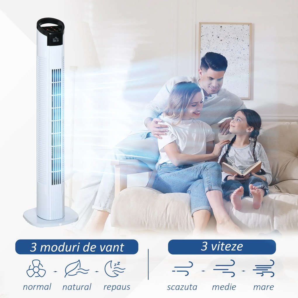 HOMCOM Ventilator tip Coloana Turn cu Telecomanda si Oscilatie, 3 Functii 3 Viteze, Timer 7.5 Ore, Ф20x78.5cm | Aosom Romania
