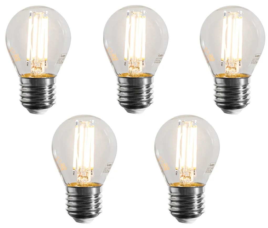 Set de 5 becuri LED cu filament E27 G45 transparente, dimabile, 4W 470 lm 2700K