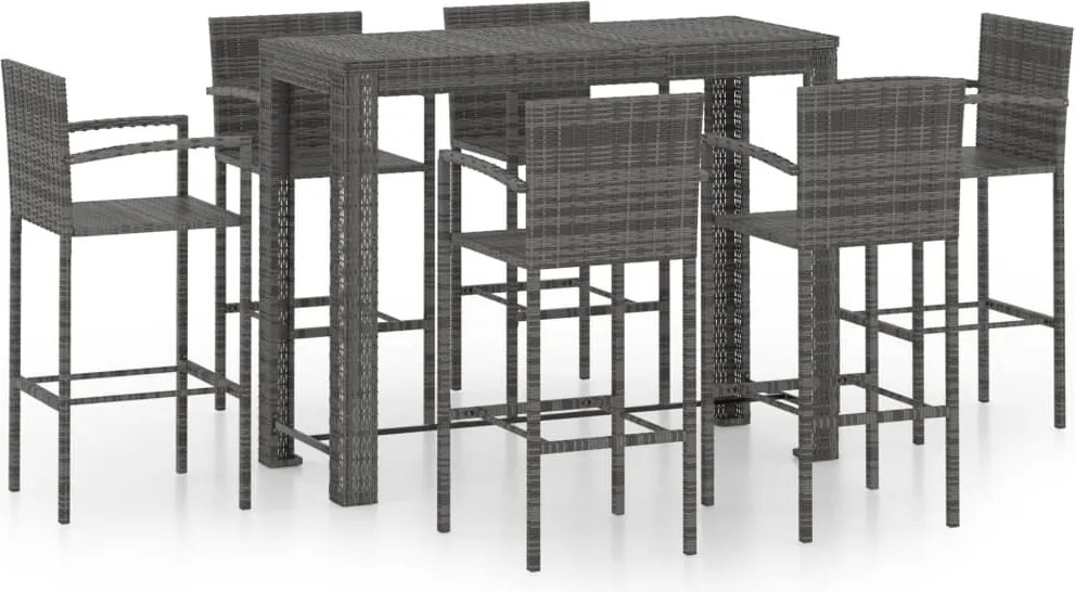 vidaXL Set bar exterior cu cotieră, 7 piese, gri, poliratan