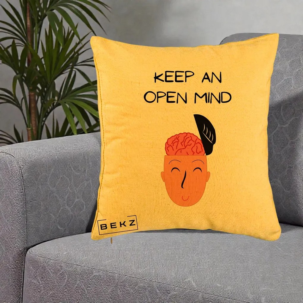 Perna Decorativa Keep An Open Mind, 40x40 cm, Galben, Husa Detasabila, Perna Inclusa, BEKZ®