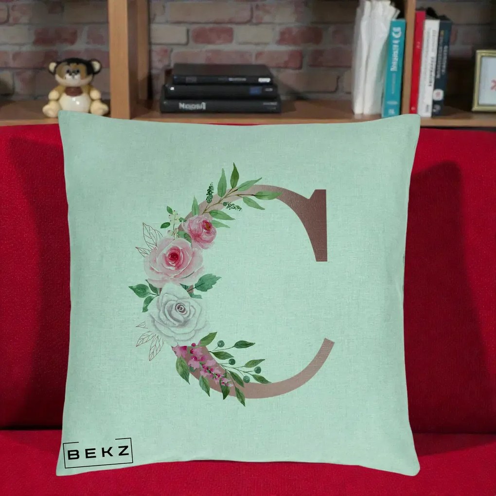 Cadou Personalizat - Perna Personalizata Monograma Rose Gold Litera C, 40x40 cm, Verde Menta, Husa Detasabila, Perna Inclusa, BEKZ®