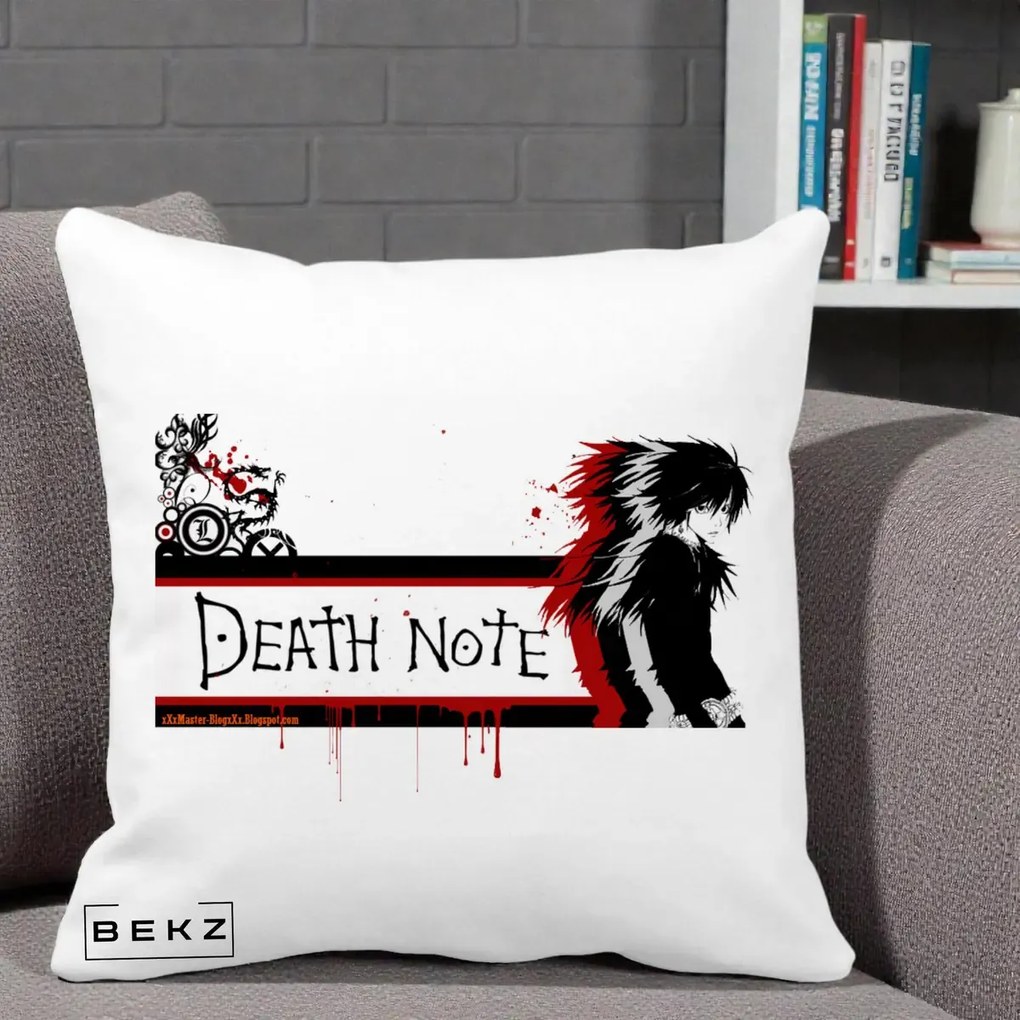 Perna Personalizata Death Note L Lawliet Rosu-Negru, 40x40 cm, Alba Mata, Husa Detasabila, Perna Inclusa, BEKZ®