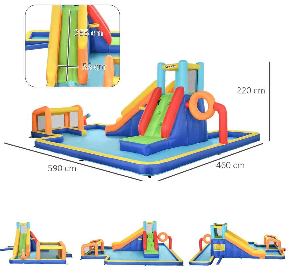 Outsunny Castel Gonflabil cu Tobogan, Perete de Cățărare, Tun de Apă, Inel de Baschet și Poartă de Fotbal, 590x460x220 cm, Multicolor | Aosom Romania