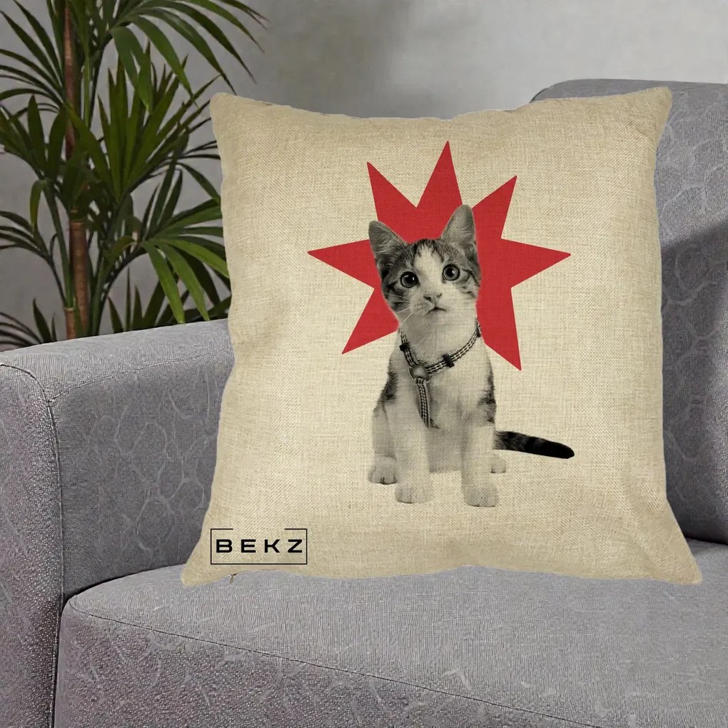 Perna Decorativa Pisica Star Pop Art, 40x40 cm, Crem, Husa Detasabila, Perna Inclusa, BEKZ®