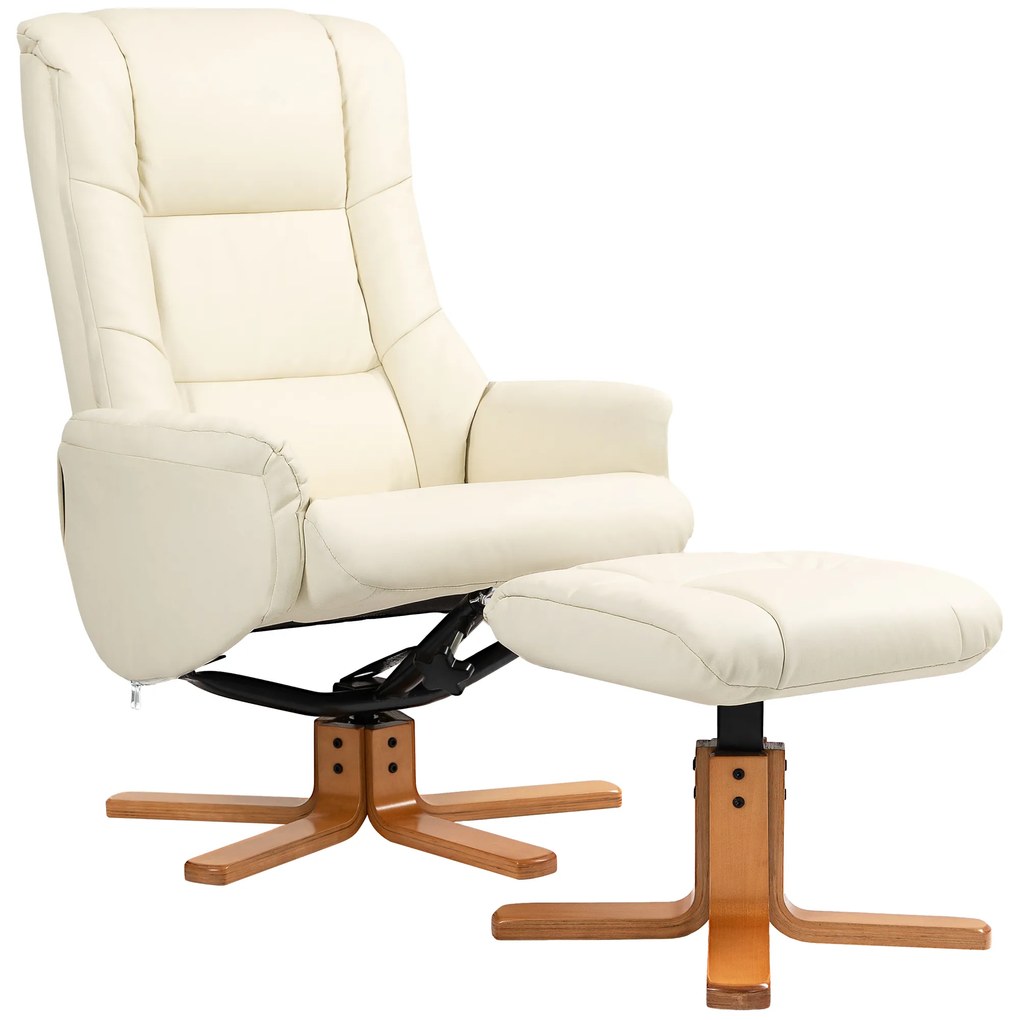 HOMCOM Fotoliu de Relaxare cu Taburet, Funcție de Culcare, Piele Ecologică, până la 150 kg, 71 x 84 x 102 cm, Crem | Aosom Romania