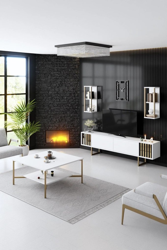 Masuta Cafea, PAL Melaminat / Metal, Gold Line, Negru / Auriu, 80 x 80 x 40 cm