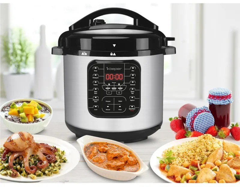 Multicooker sub presiune Beper P101COS001, 1200W, 6 L, 15 programe, Timer, Inox/Negru