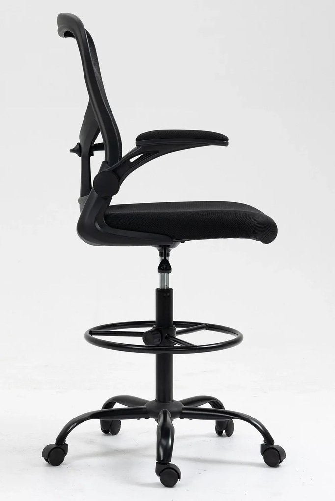 RESIGILAT-Scaun ergonomic de lucru, cotiere rabatabile, suport lombar, rotativ, înaltime reglabila, inel de sprijin pentru picioare, spatar mesh, Negru