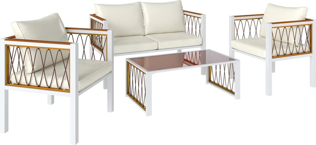 Outsunny Set mobilier grădină 4 piese Polyrattan lounge cu canapea 2 locuri, 2 fotolii, masă cu sticlă, perne detașabile, saltea antiderapantă | Aosom Romania
