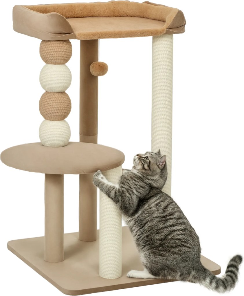 PawHut Pom de zgârieturi cu 2 etaje, minge de joc, stâlpi de zgârieturi, bile de zgârieturi, până la 7 kg, 56 x 54 x 86 cm, Maro | Aosom Romania