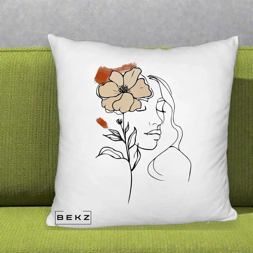 Perna Decorativa Portret Feminin Floare Bej Terracotta, 40x40 cm, Alb Pufos, Husa Detasabila, Perna Inclusa, BEKZ®