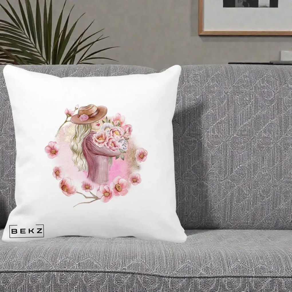 Perna Decorativa Femeie cu Flori Roz Acuarela, 40x40 cm, Alba Mata, Husa Detasabila, Perna Inclusa, BEKZ®