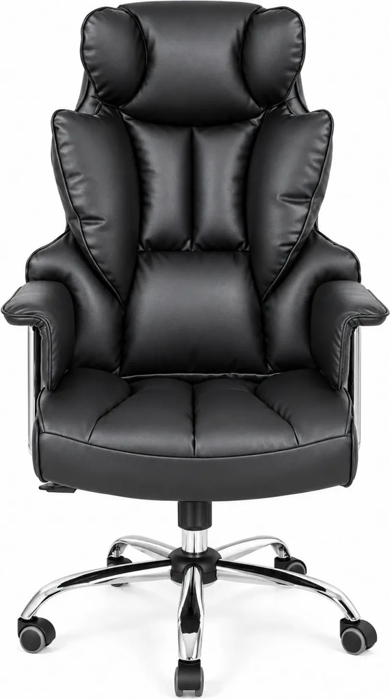 Scaun directorial cu spătar înalt, buretare generoasă, rabatabil 90-125°, material piele PU rezistentă, bază metalică, Negru