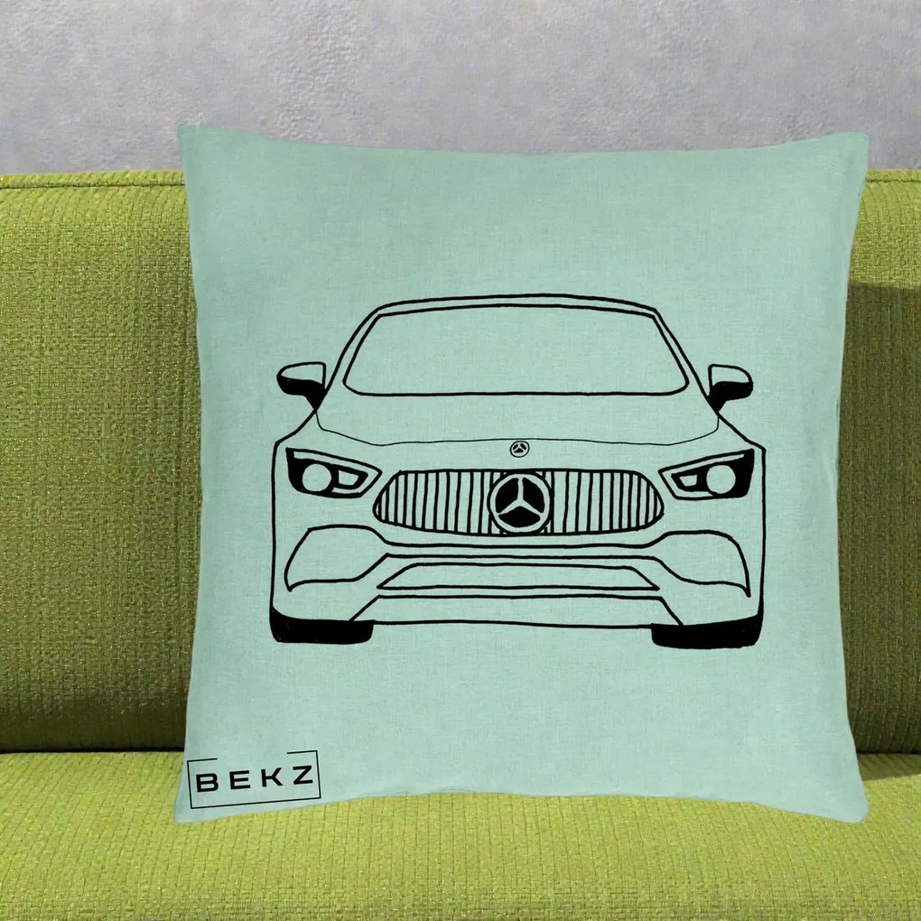 Perna Personalizata Mercedes-Benz Fata Linie, 40x40 cm, Verde Menta, Husa Detasabila, Perna Inclusa, BEKZ®