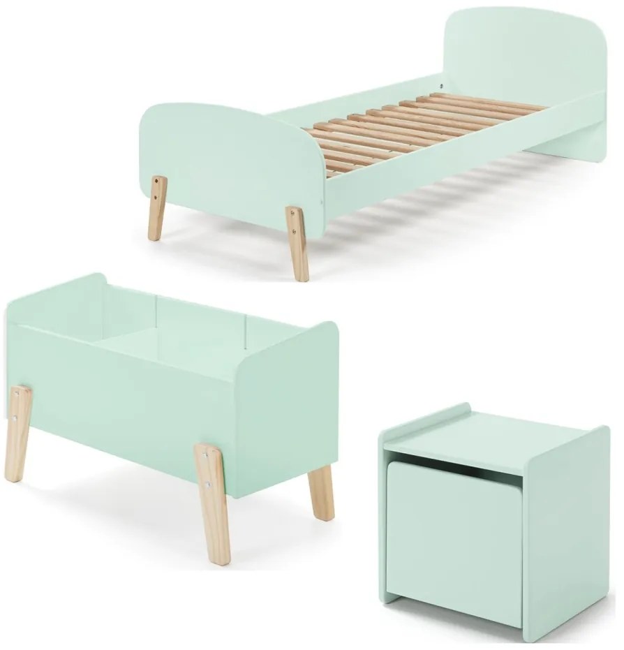Set KIDDY în verde mentă format dintr-un Pat copii (90x200), noptieră și cutie de jucării.