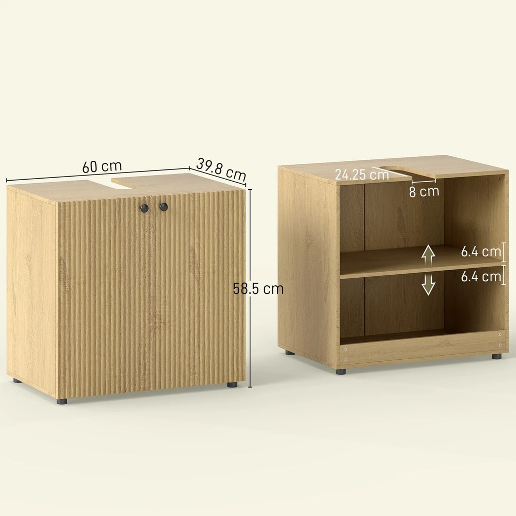 HOMCOM Dulap sub lavoar, dulap de baie 2 uși cu închidere amortizată, raft reglabil, 60x39,8x58,5cm, lemn natural | Aosom Romania
