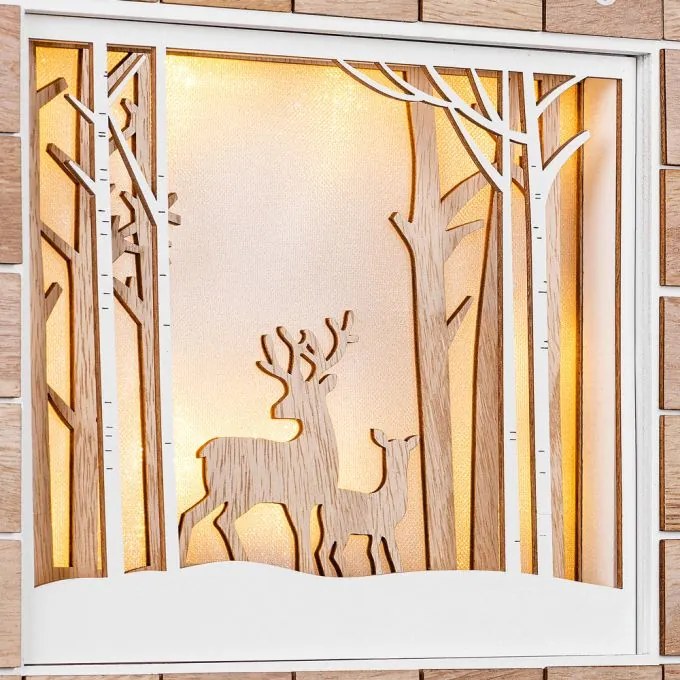 Calendar advent din lemn PĂDUREA DE IARNĂ cu iluminare, 35x6x27cm, alb/maro Spielwerk