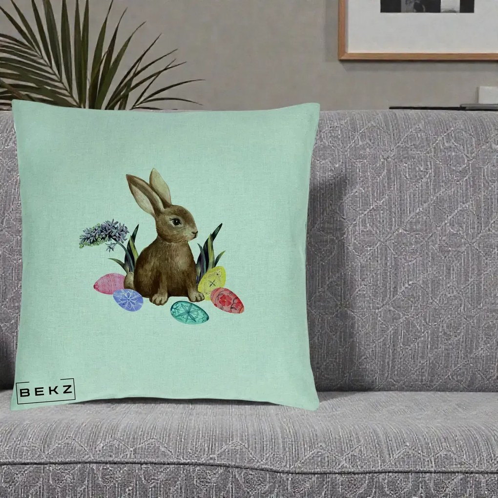 Perna Decorativa Iepuras cu Oua de Pasti Acuarela, 40x40 cm, Verde Menta, Husa Detasabila, Perna Inclusa, BEKZ®